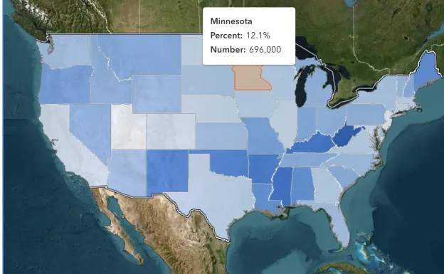 Map highlighting disability statistics in the U.S., with Minnesota showing 12.1% and 696,000 individuals affected.