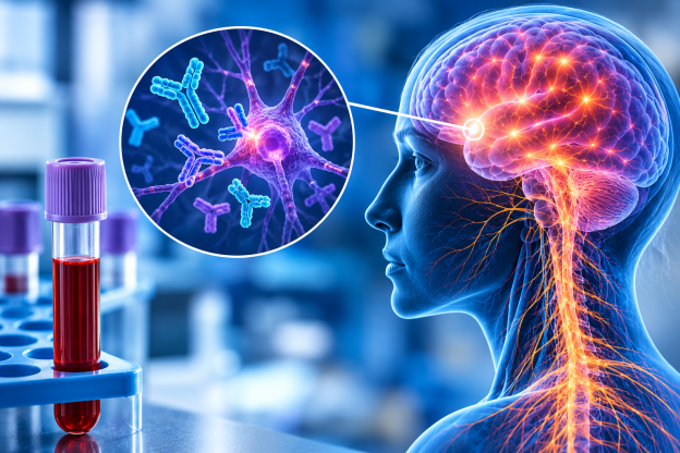 A digital illustration showing a human head with a focus on brain activity and antibodies, alongside a blood sample.