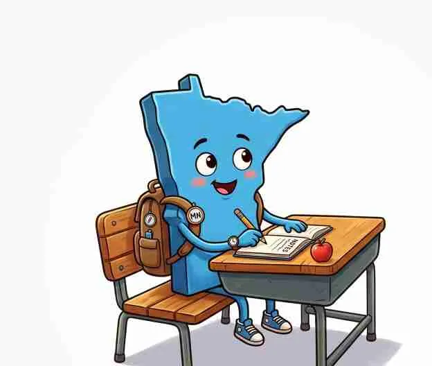A cartoon character shaped like Minnesota sits at a desk, writing notes with an apple nearby, symbolizing education and learning.
