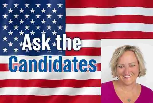 Promotional graphic for a candidate Q&A event featuring a smiling woman against a backdrop of the American flag.