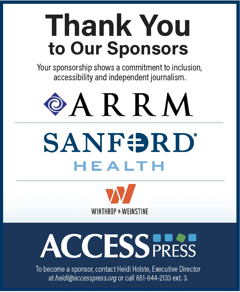 Thank you message highlighting sponsors ARRM, Sanford Health, and Winthrop & Weinstine for supporting accessibility and journalism.