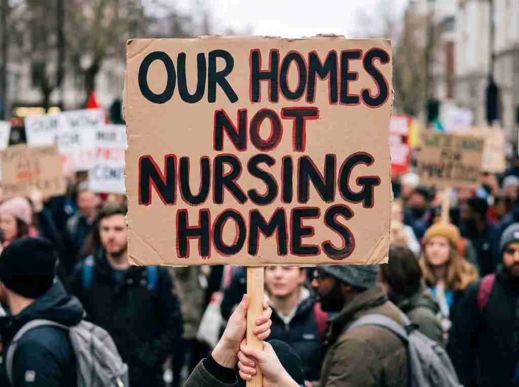 Protesters hold a sign reading "OUR HOMES NOT NURSING HOMES" during a demonstration advocating for community living rights.