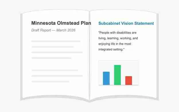 Minnesota Olmstead Plan draft report highlighting a vision statement for integrating people with disabilities.